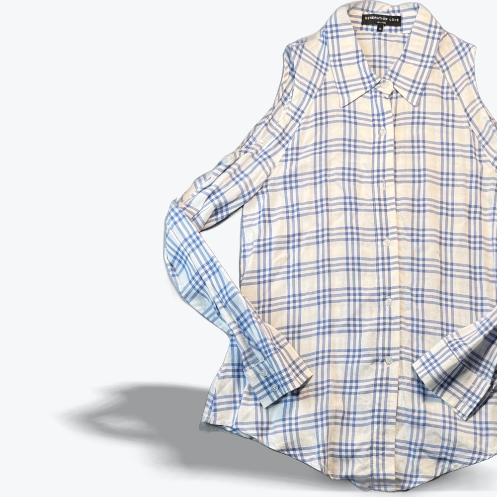 Generation Love Maisie Cold Shoulder Button Down Shirt Blue White Plaid Women XS
